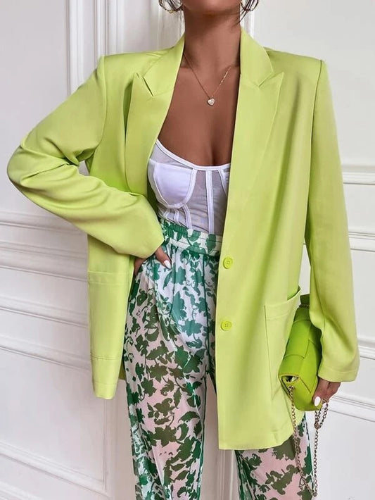 CM-CS499169 Women Elegant Seoul Style Peak Collar Pocket Patched Blazer - Lime Green