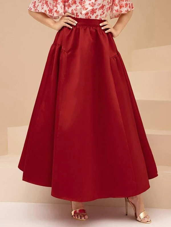 CM-BS096880 Women Elegant Seoul Style High Waist Solid Flared Skirt - Red