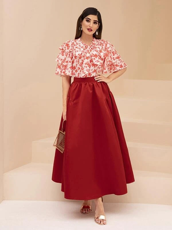 CM-BS096880 Women Elegant Seoul Style High Waist Solid Flared Skirt - Red