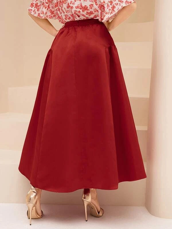 CM-BS096880 Women Elegant Seoul Style High Waist Solid Flared Skirt - Red