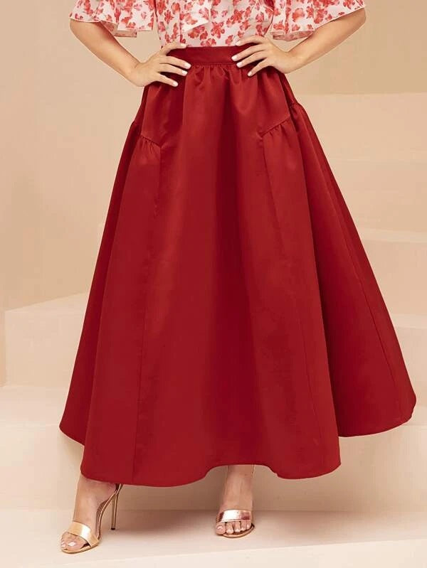 CM-BS096880 Women Elegant Seoul Style High Waist Solid Flared Skirt - Red