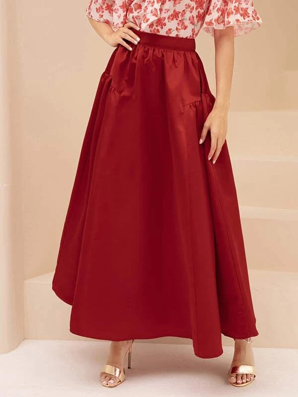 CM-BS096880 Women Elegant Seoul Style High Waist Solid Flared Skirt - Red