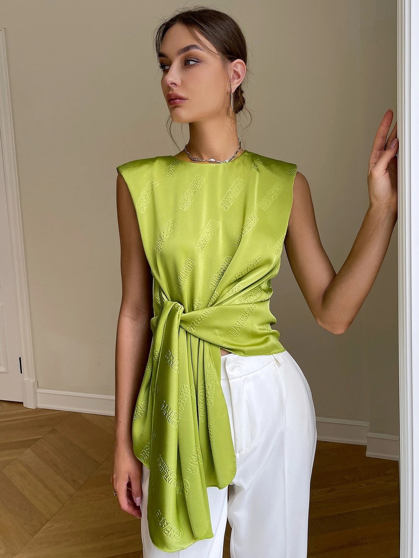 CM-TS373707 Women Elegant Seoul Style Sleeveless Tie Front Shoulder Pad Blouse - Lime Green