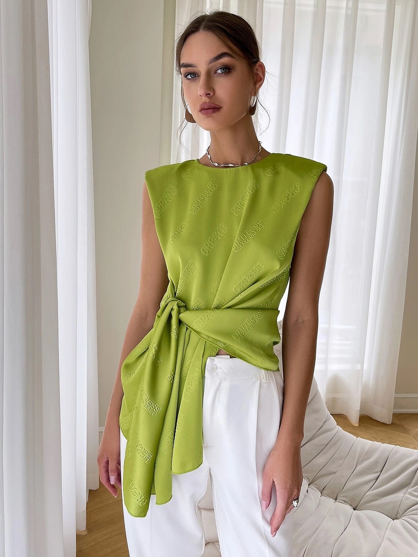 CM-TS373707 Women Elegant Seoul Style Sleeveless Tie Front Shoulder Pad Blouse - Lime Green