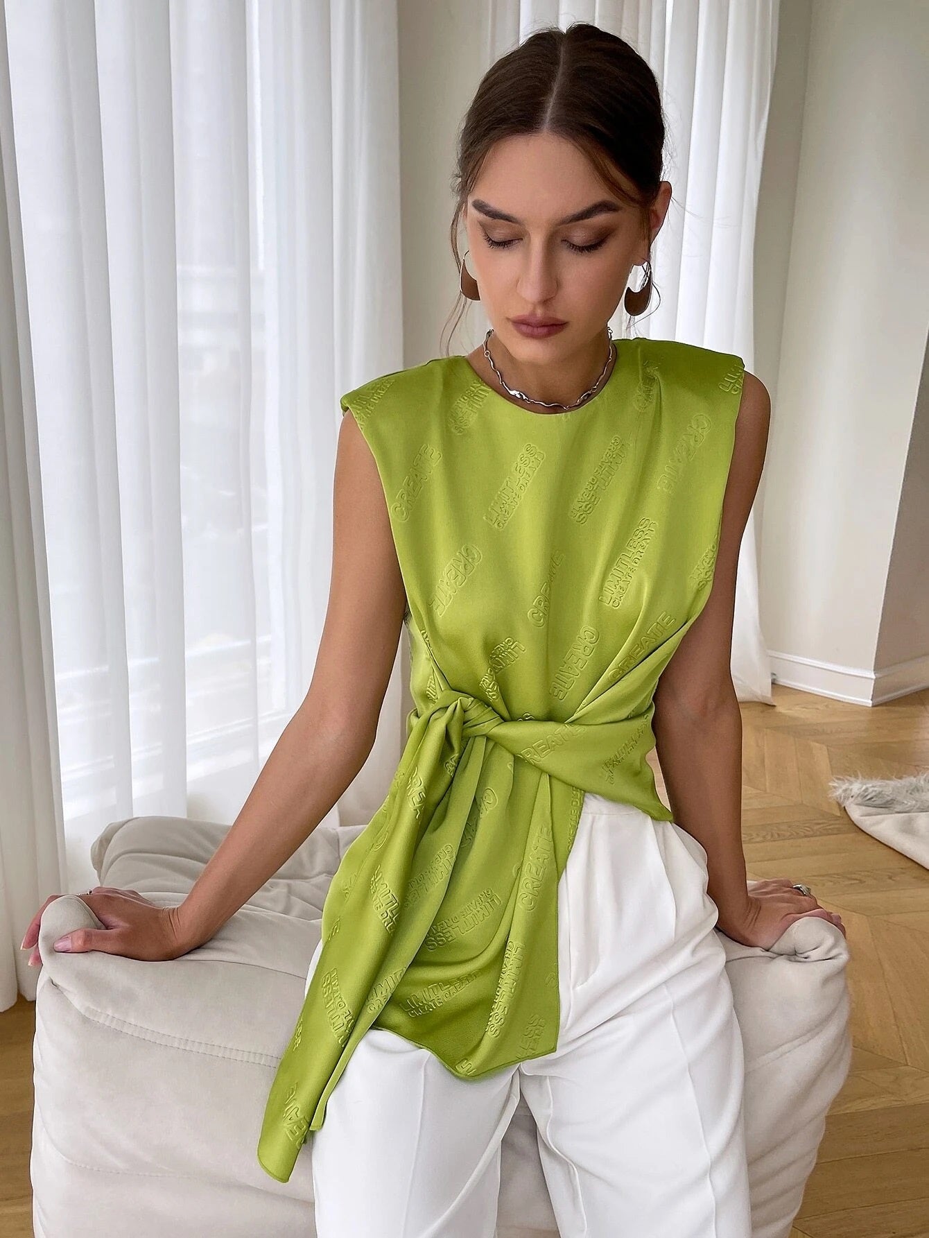 CM-TS373707 Women Elegant Seoul Style Sleeveless Tie Front Shoulder Pad Blouse - Lime Green