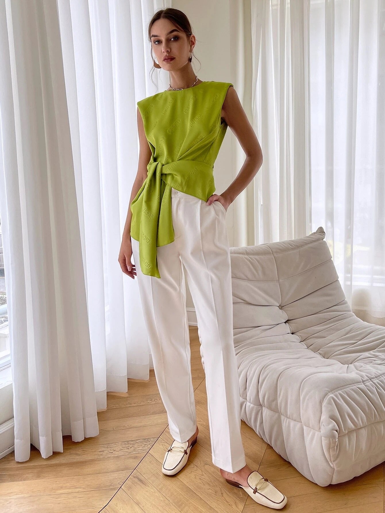 CM-TS373707 Women Elegant Seoul Style Sleeveless Tie Front Shoulder Pad Blouse - Lime Green