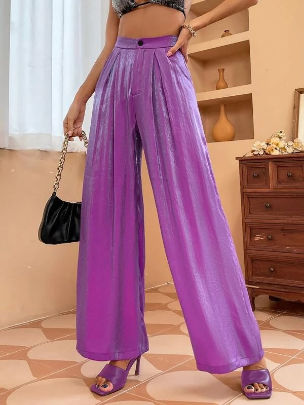 CM-BS234724 Women Casual Seoul Style High Waist Wide Leg Pants - Purple