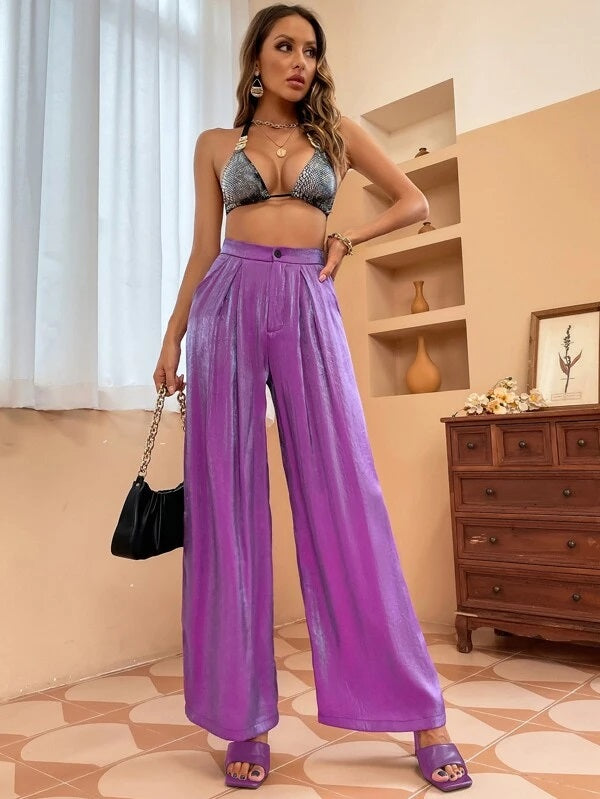 CM-BS234724 Women Casual Seoul Style High Waist Wide Leg Pants - Purple