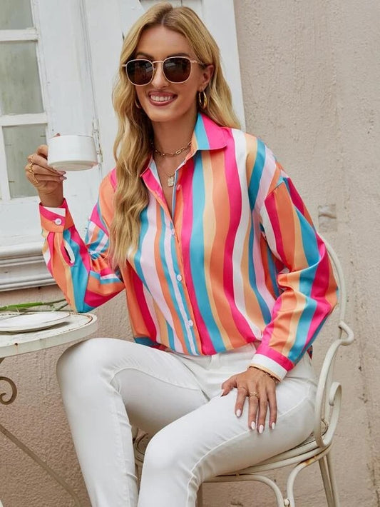 CM-TS588809 Women Casual Seoul Style Colorful Striped Drop Shoulder Shirt