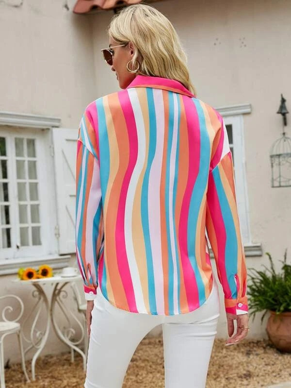 CM-TS588809 Women Casual Seoul Style Colorful Striped Drop Shoulder Shirt
