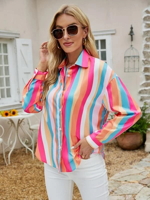 CM-TS588809 Women Casual Seoul Style Colorful Striped Drop Shoulder Shirt