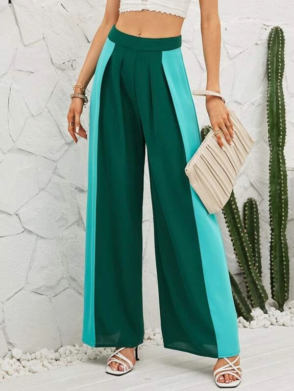 CM-BS162126 Women Trendy Bohemian Style Two Tone Wide Leg Pants