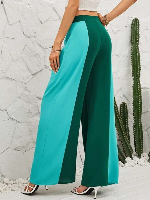 CM-BS162126 Women Trendy Bohemian Style Two Tone Wide Leg Pants