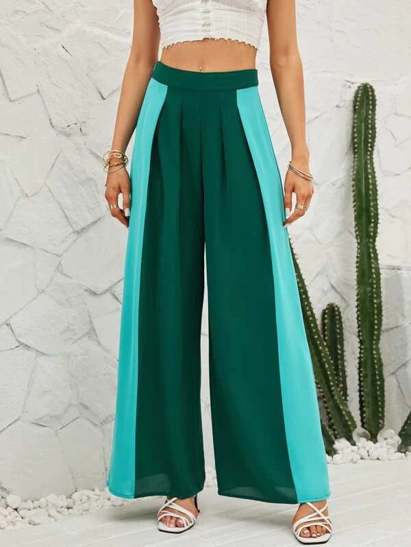 CM-BS162126 Women Trendy Bohemian Style Two Tone Wide Leg Pants