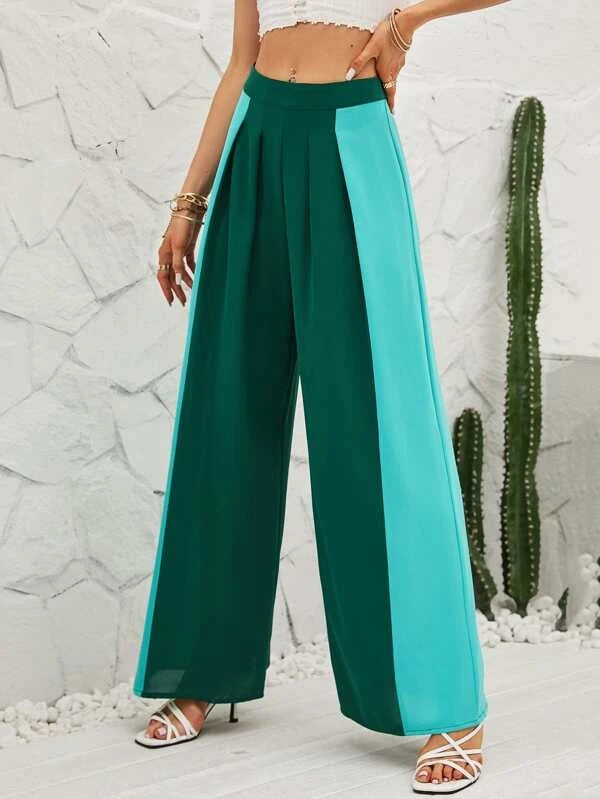 CM-BS162126 Women Trendy Bohemian Style Two Tone Wide Leg Pants