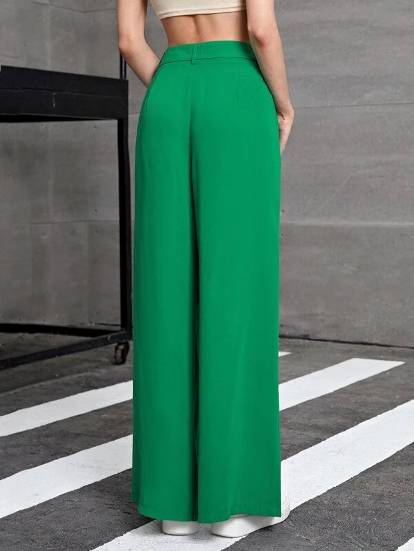 CM-BS581487 Women Casual Seoul Style High Waist Slit Thigh Wide Leg Pants - Green