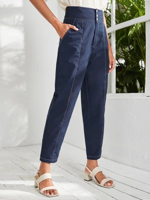 CM-BS034063 Women Casual Seoul Style High Waist Slant Pockets Tapered Pants - Navy Blue