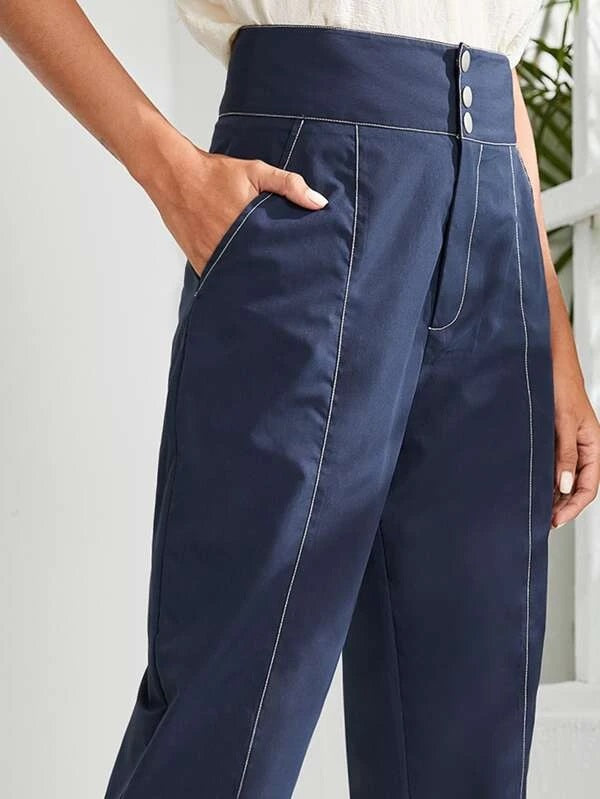 CM-BS034063 Women Casual Seoul Style High Waist Slant Pockets Tapered Pants - Navy Blue