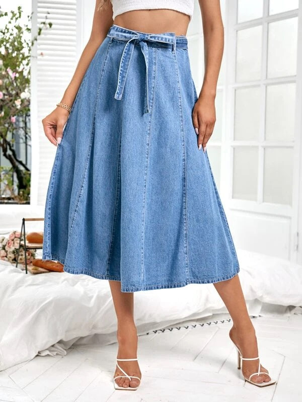 CM-BS228101 Women Casual Seoul Style Light Wash High Waist Belted Denim Skirt