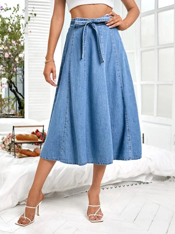 CM-BS228101 Women Casual Seoul Style Light Wash High Waist Belted Denim Skirt