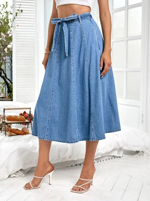 CM-BS228101 Women Casual Seoul Style Light Wash High Waist Belted Denim Skirt