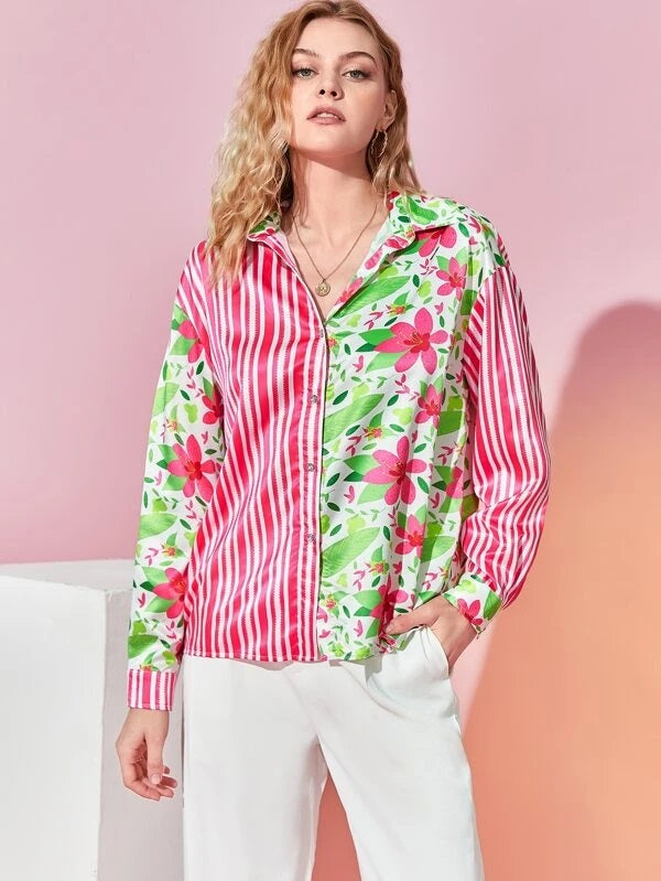 CM-TS987954 Women Trendy Bohemian Style Floral And Striped Print Drop Shoulder Shirt