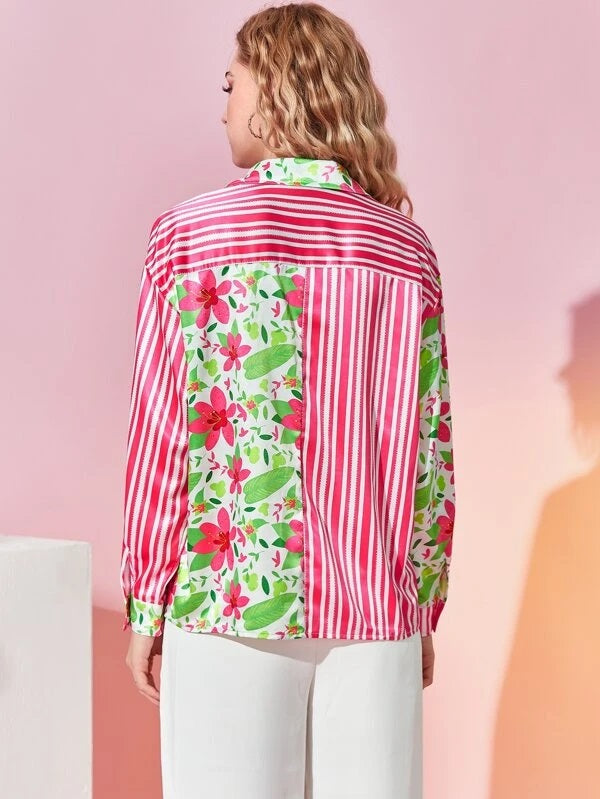 CM-TS987954 Women Trendy Bohemian Style Floral And Striped Print Drop Shoulder Shirt