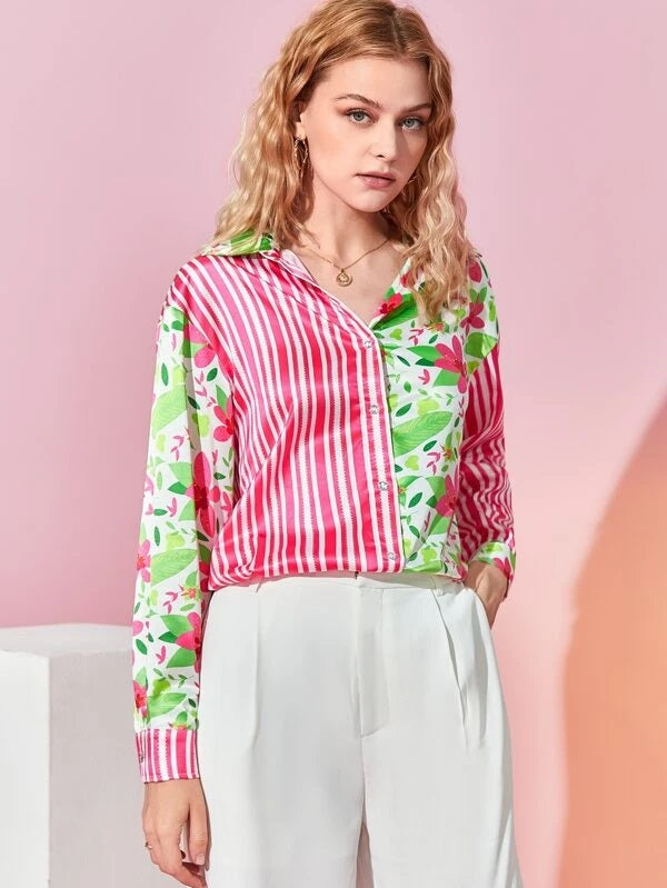 CM-TS987954 Women Trendy Bohemian Style Floral And Striped Print Drop Shoulder Shirt