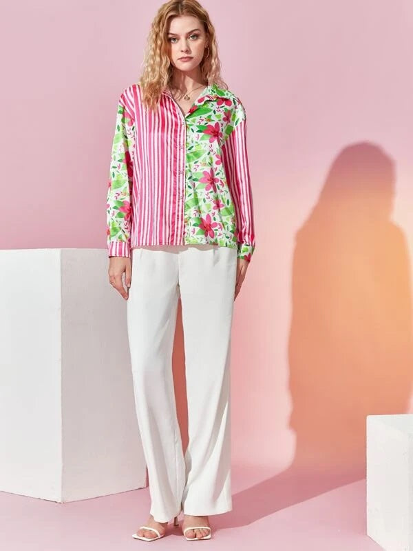 CM-TS987954 Women Trendy Bohemian Style Floral And Striped Print Drop Shoulder Shirt