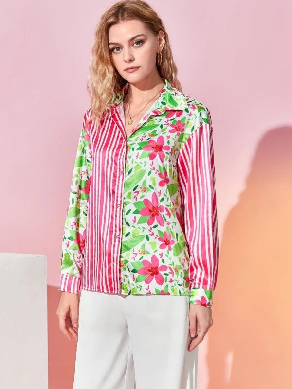 CM-TS987954 Women Trendy Bohemian Style Floral And Striped Print Drop Shoulder Shirt