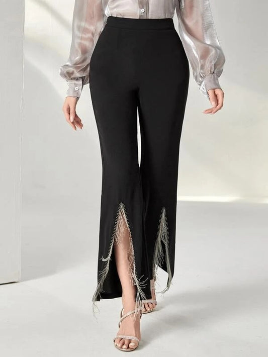 CM-BS340583 Women Elegant Seoul Style Fringe Slit Hem Flare Leg Pants - Black