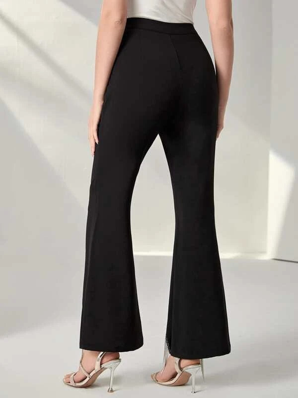 CM-BS340583 Women Elegant Seoul Style Fringe Slit Hem Flare Leg Pants - Black