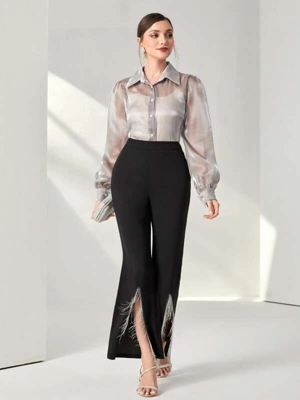 CM-BS340583 Women Elegant Seoul Style Fringe Slit Hem Flare Leg Pants - Black