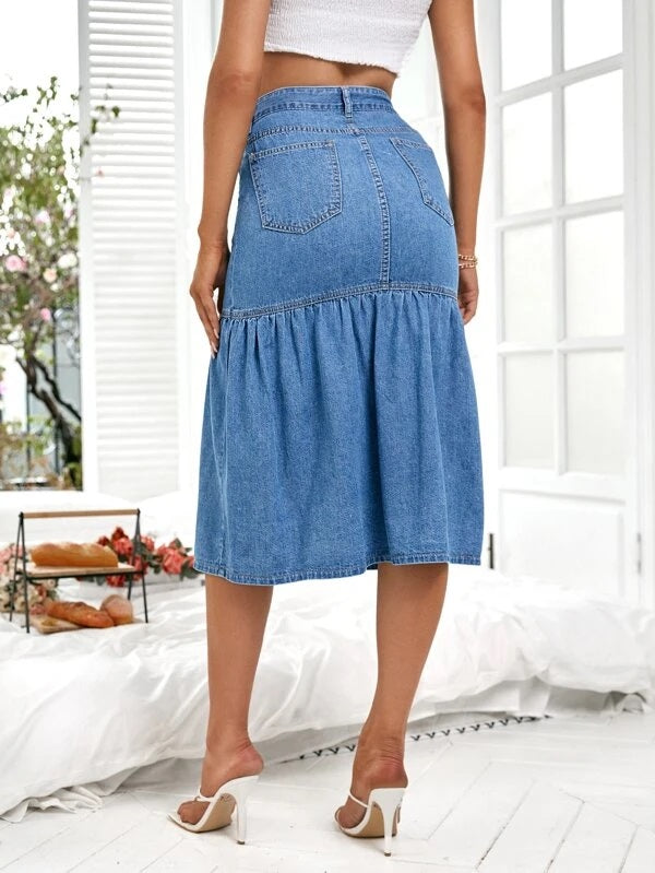 CM-BS014348 Women Casual Seoul Style Button Front Mermaid Hem Denim Skirt