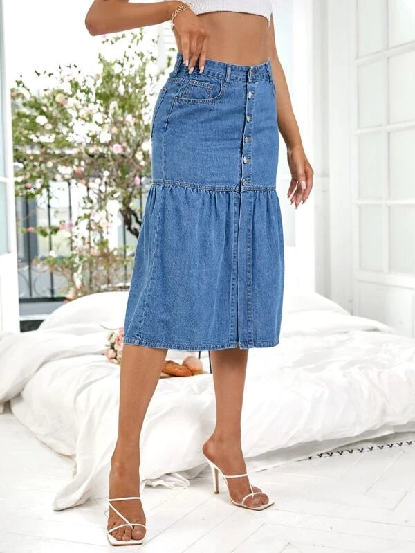 CM-BS014348 Women Casual Seoul Style Button Front Mermaid Hem Denim Skirt