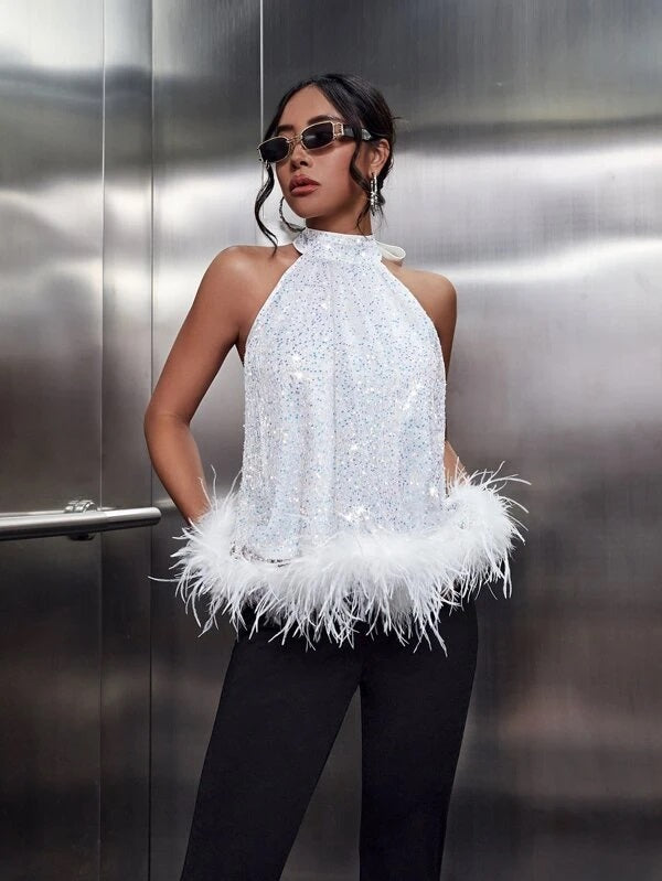 CM-TS141686 Women Elegant Seoul Style Contrast Trim Tie Back Sequins Halter Top
