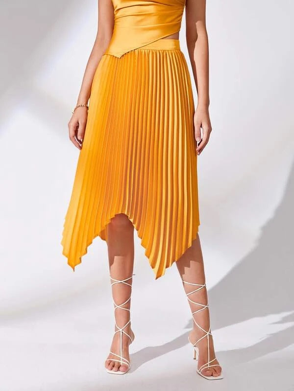 CM-BS089604 Women Elegant Seoul Style High Waist Asymmetrical Hem Pleated Skirt