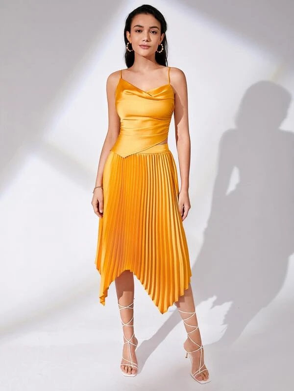 CM-BS089604 Women Elegant Seoul Style High Waist Asymmetrical Hem Pleated Skirt