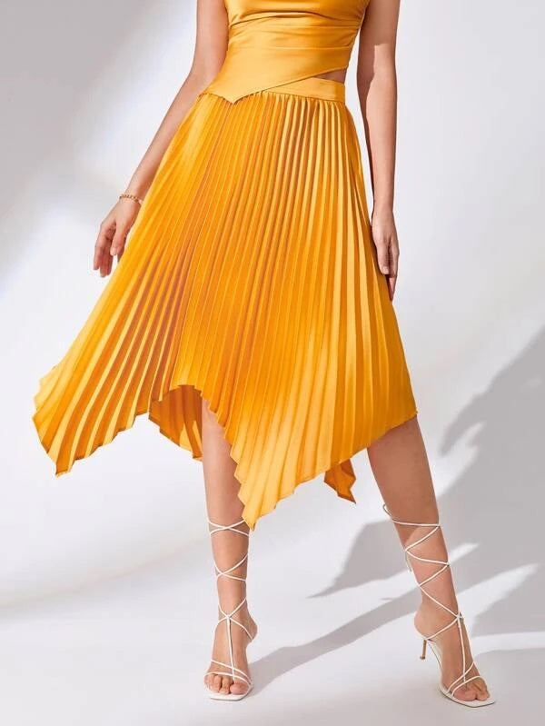 CM-BS089604 Women Elegant Seoul Style High Waist Asymmetrical Hem Pleated Skirt