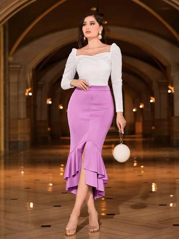 CM-BS196694 Women Elegant Seoul Style High Waist Split Ruffle Hem Skirt - Purple