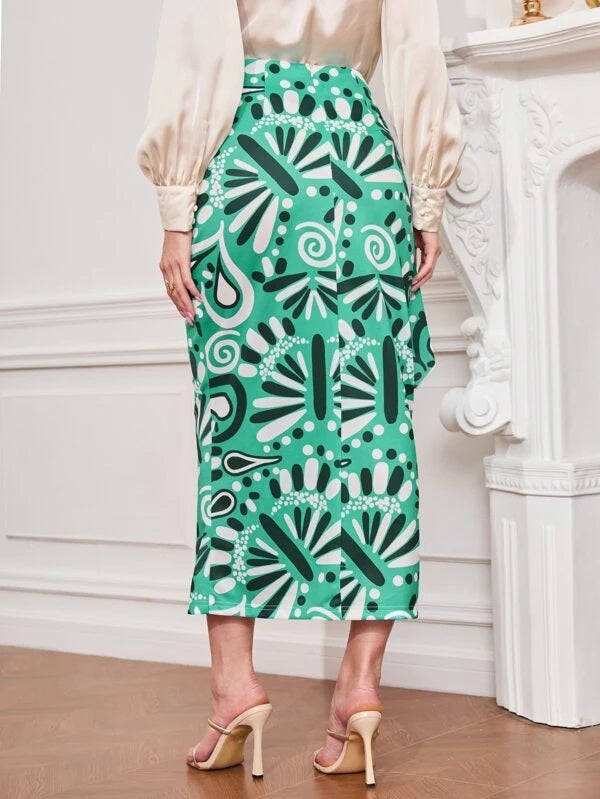 CM-BS127511 Women Trendy Bohemian Style Allover Print Knot Front Skirt - Green