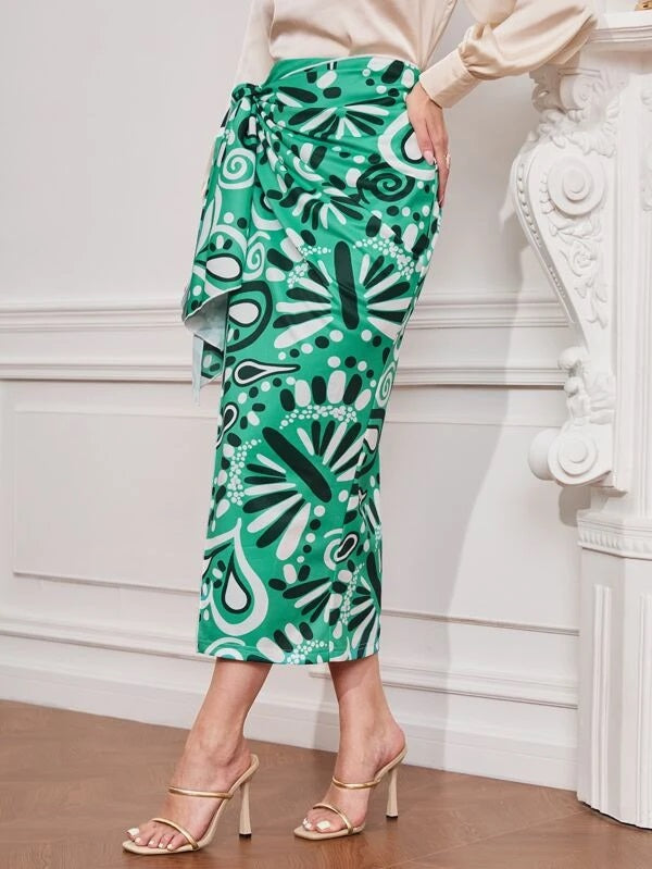 CM-BS127511 Women Trendy Bohemian Style Allover Print Knot Front Skirt - Green