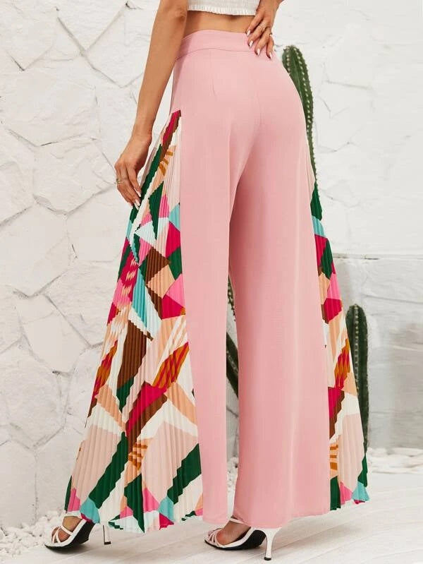 CM-BS550435 Women Trendy Bohemian Style Geometric Print Wide Leg Pants - Pink