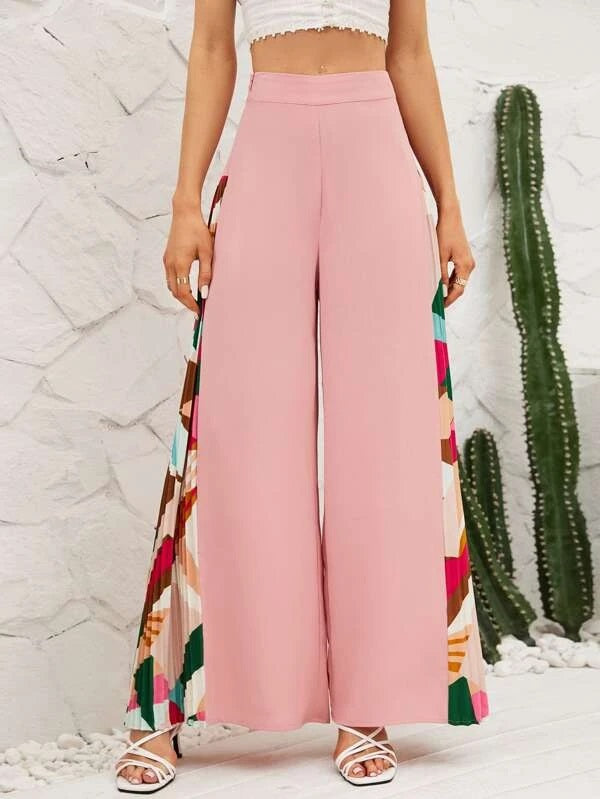 CM-BS550435 Women Trendy Bohemian Style Geometric Print Wide Leg Pants - Pink