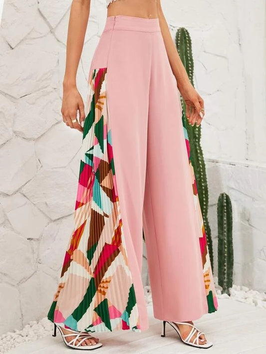 CM-BS550435 Women Trendy Bohemian Style Geometric Print Wide Leg Pants - Pink