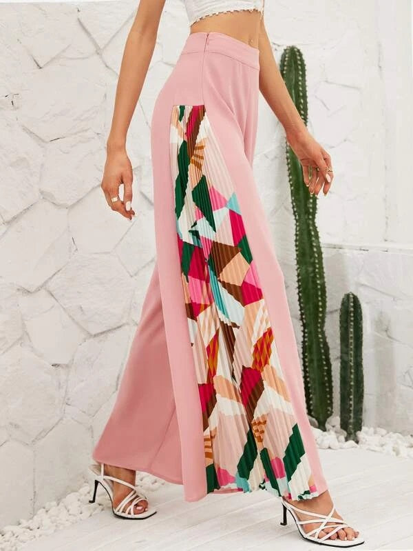 CM-BS550435 Women Trendy Bohemian Style Geometric Print Wide Leg Pants - Pink