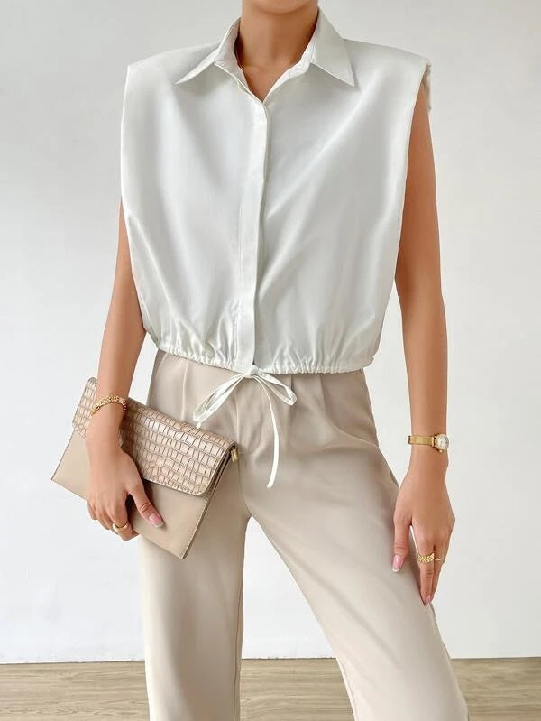 CM-TS030323 Women Casual Seoul Style Solid Button Front Knot Hem Shirt - White