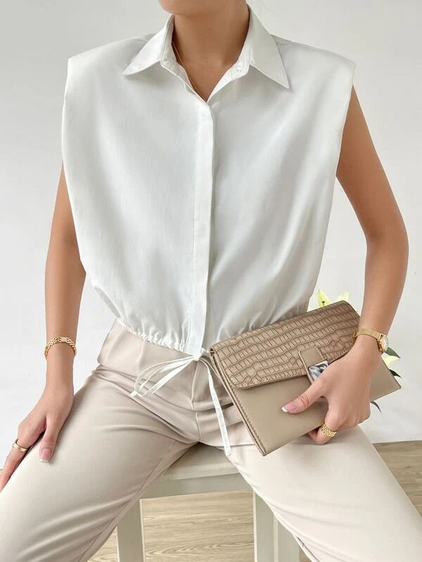 CM-TS030323 Women Casual Seoul Style Solid Button Front Knot Hem Shirt - White