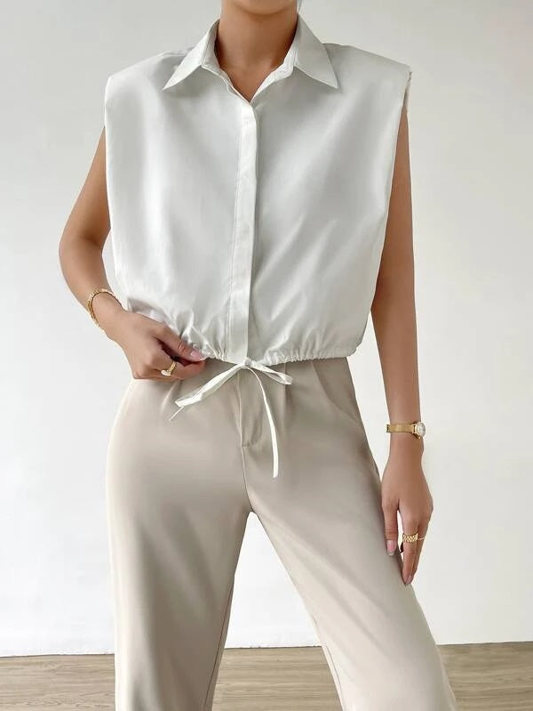 CM-TS030323 Women Casual Seoul Style Solid Button Front Knot Hem Shirt - White