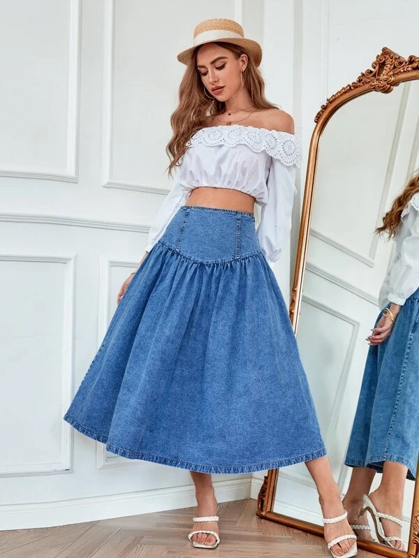 CM-BS324444 Women Casual Seoul Style Medium Wash High Waist Flare Denim Skirt